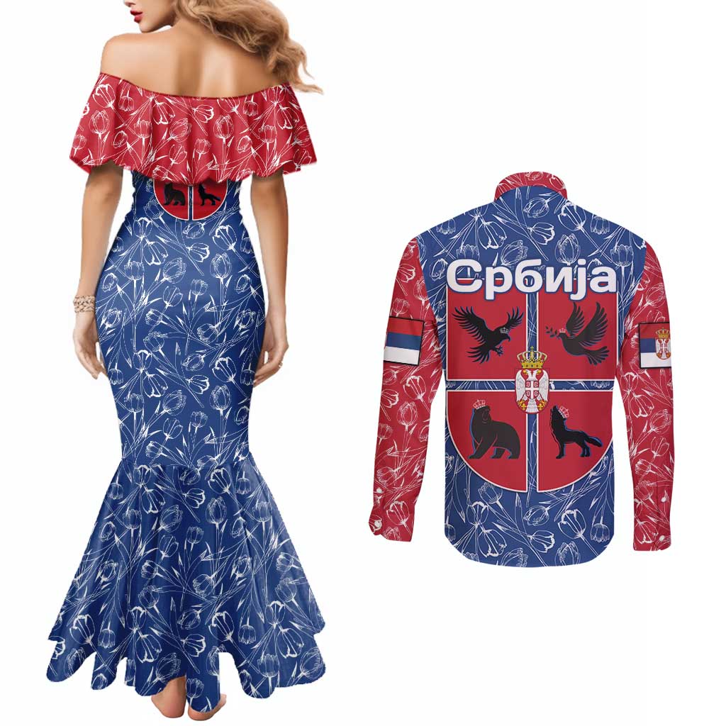 Serbia Couples Matching Mermaid Dress and Long Sleeve Button Shirt with Royal Animal Crest and Tulip Floral Blue Background