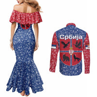 Serbia Couples Matching Mermaid Dress and Long Sleeve Button Shirt with Royal Animal Crest and Tulip Floral Blue Background