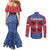 Serbia Couples Matching Mermaid Dress and Long Sleeve Button Shirt with Royal Animal Crest and Tulip Floral Blue Background