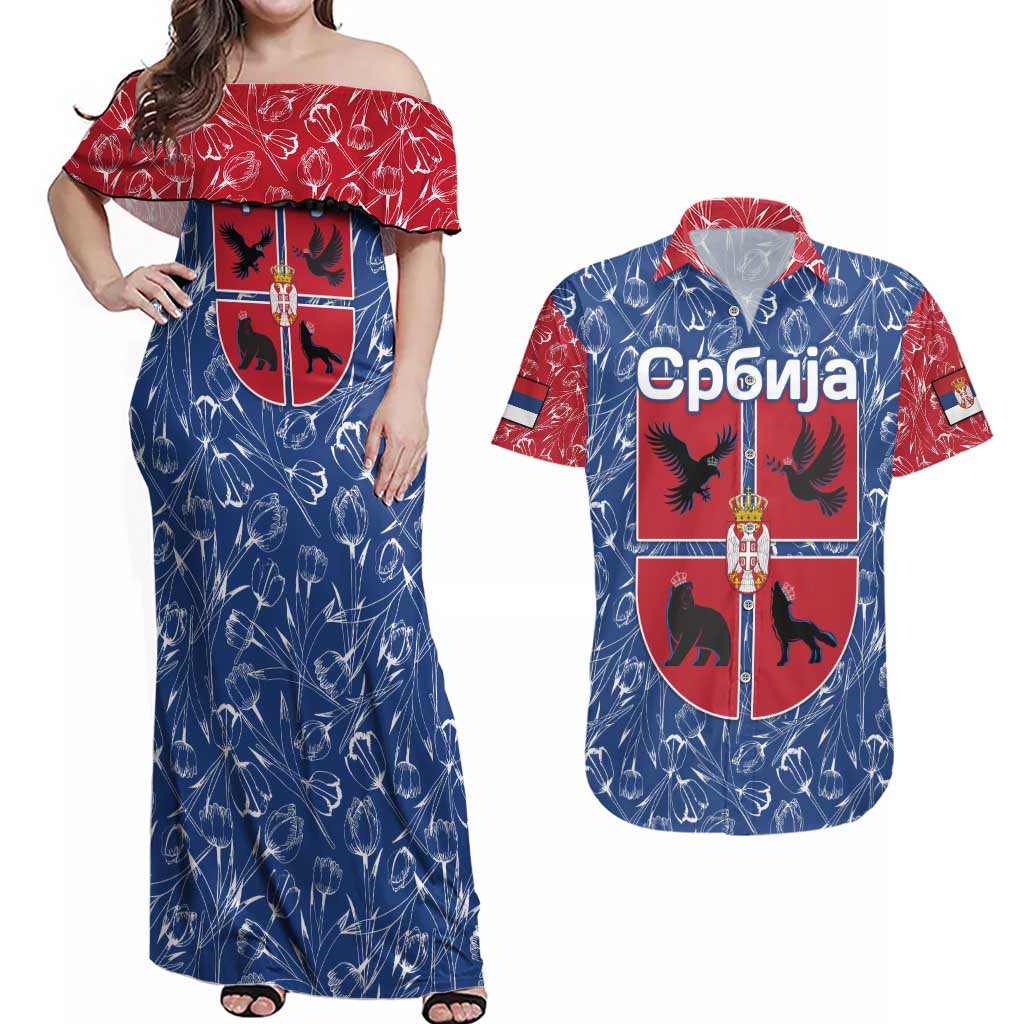 Serbia Couples Matching Off Shoulder Maxi Dress and Hawaiian Shirt with Royal Animal Crest and Tulip Floral Blue Background