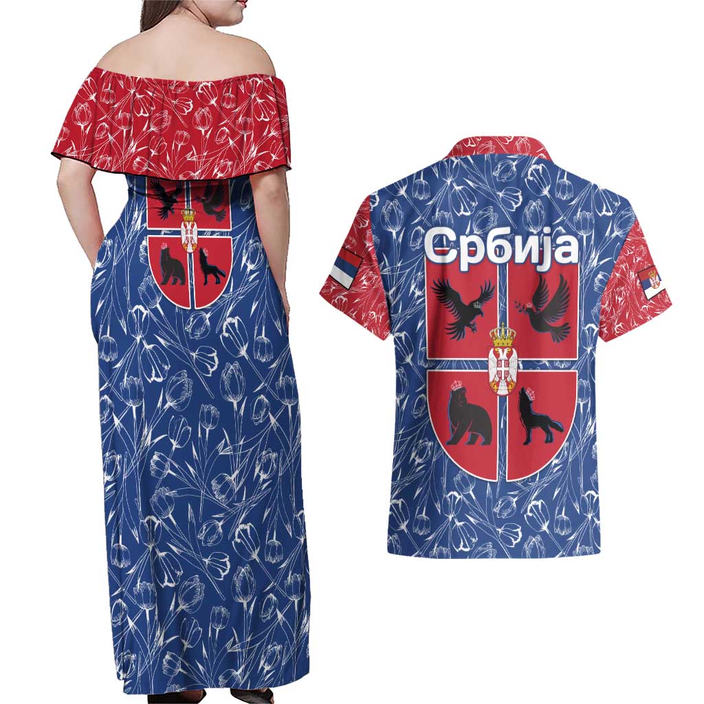 Serbia Couples Matching Off Shoulder Maxi Dress and Hawaiian Shirt with Royal Animal Crest and Tulip Floral Blue Background