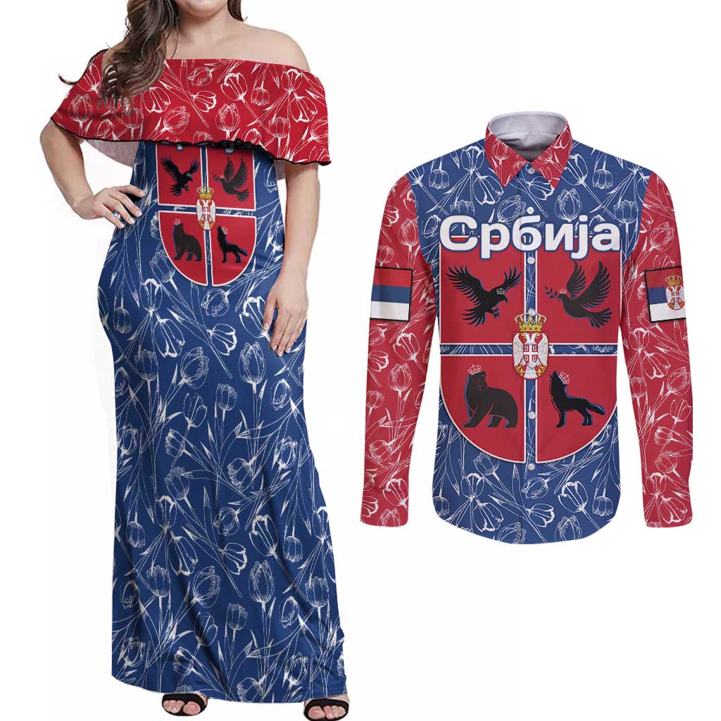 Serbia Couples Matching Off Shoulder Maxi Dress and Long Sleeve Button Shirt with Royal Animal Crest and Tulip Floral Blue Background