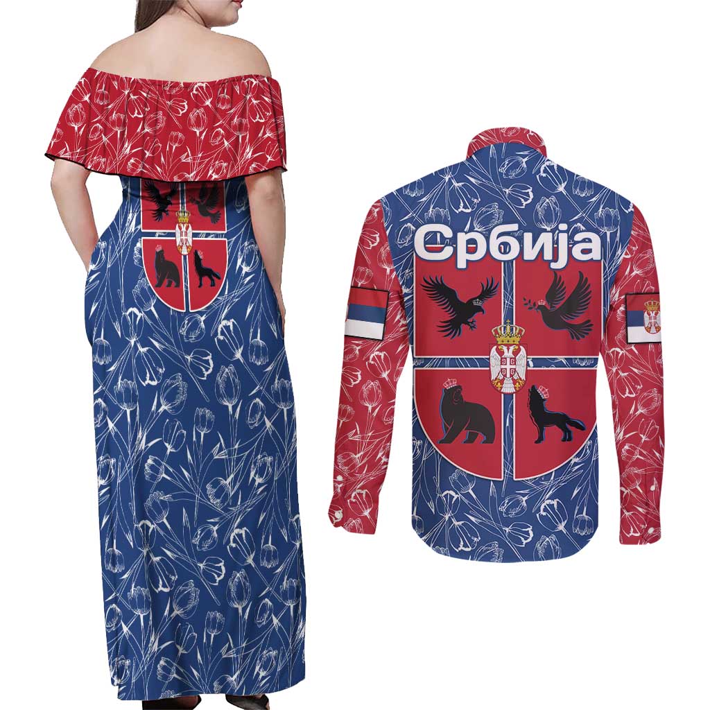 Serbia Couples Matching Off Shoulder Maxi Dress and Long Sleeve Button Shirt with Royal Animal Crest and Tulip Floral Blue Background