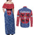 Serbia Couples Matching Off Shoulder Maxi Dress and Long Sleeve Button Shirt with Royal Animal Crest and Tulip Floral Blue Background