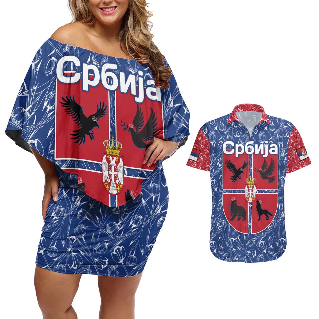 Serbia Couples Matching Off Shoulder Short Dress and Hawaiian Shirt with Royal Animal Crest and Tulip Floral Blue Background