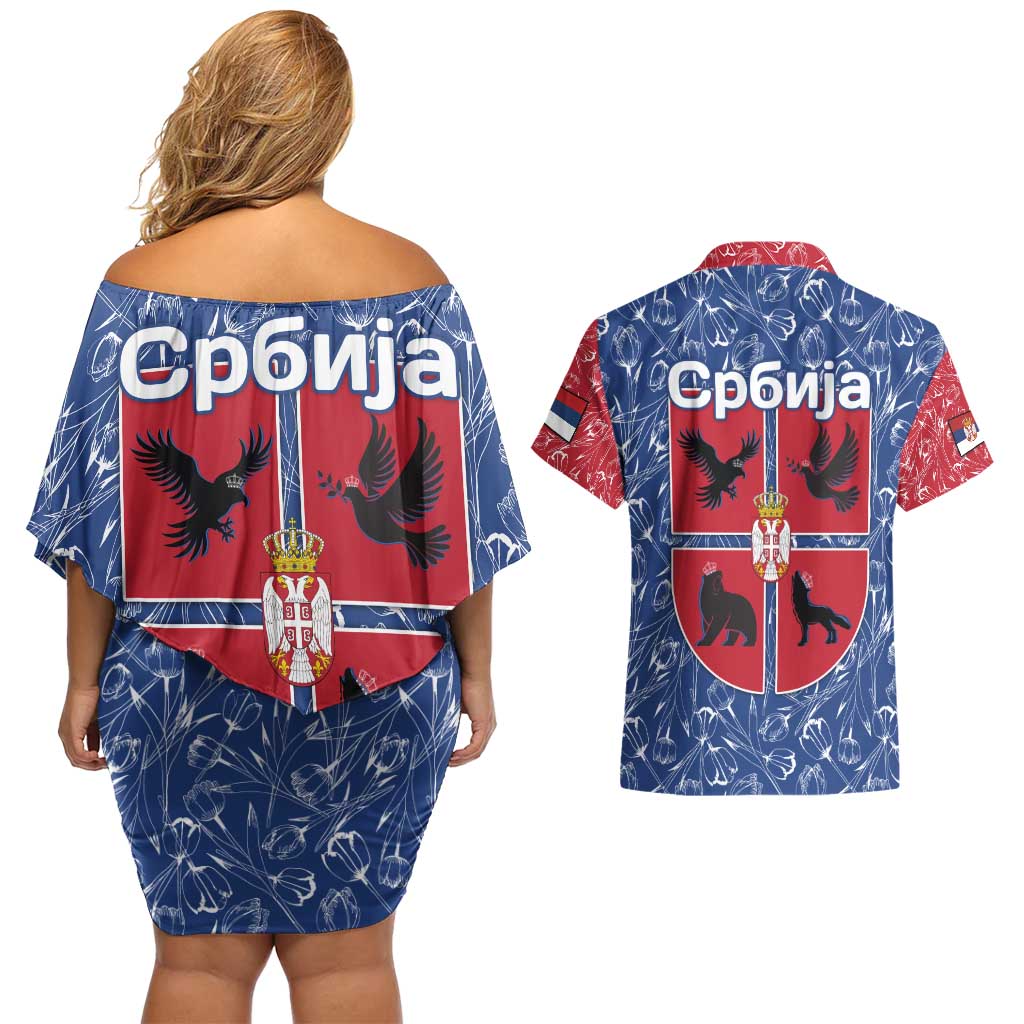 Serbia Couples Matching Off Shoulder Short Dress and Hawaiian Shirt with Royal Animal Crest and Tulip Floral Blue Background
