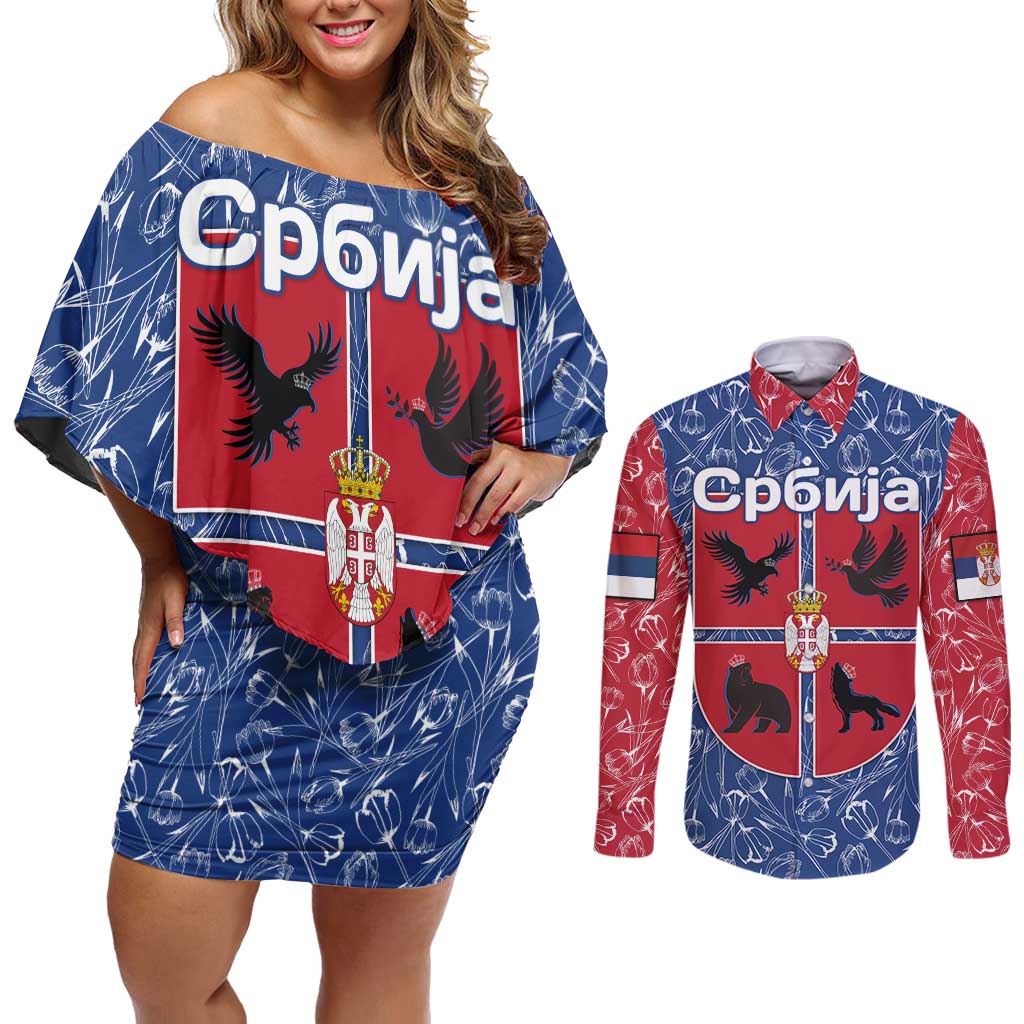 Serbia Couples Matching Off Shoulder Short Dress and Long Sleeve Button Shirt with Royal Animal Crest and Tulip Floral Blue Background