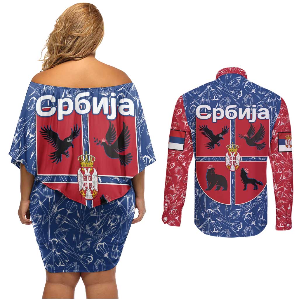 Serbia Couples Matching Off Shoulder Short Dress and Long Sleeve Button Shirt with Royal Animal Crest and Tulip Floral Blue Background