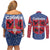 Serbia Couples Matching Off Shoulder Short Dress and Long Sleeve Button Shirt with Royal Animal Crest and Tulip Floral Blue Background