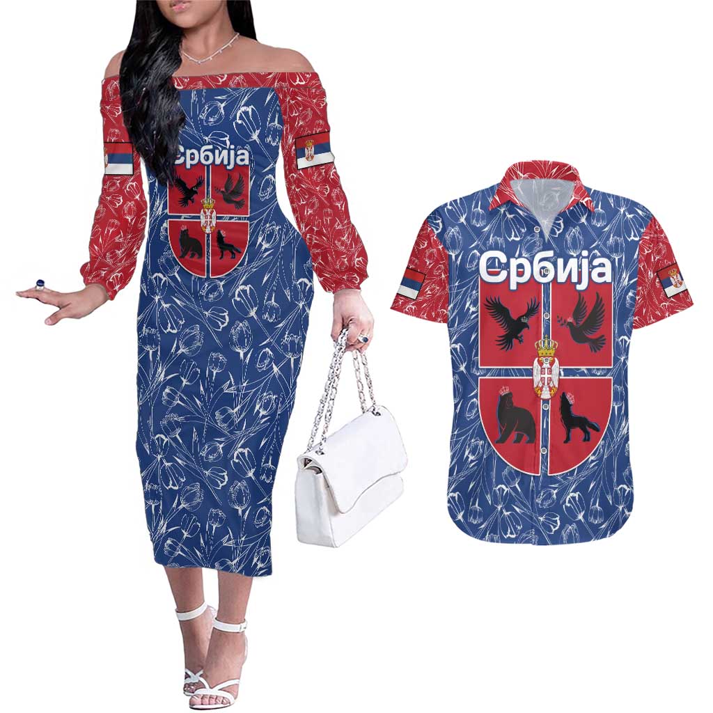 Serbia Couples Matching Off The Shoulder Long Sleeve Dress and Hawaiian Shirt with Royal Animal Crest and Tulip Floral Blue Background