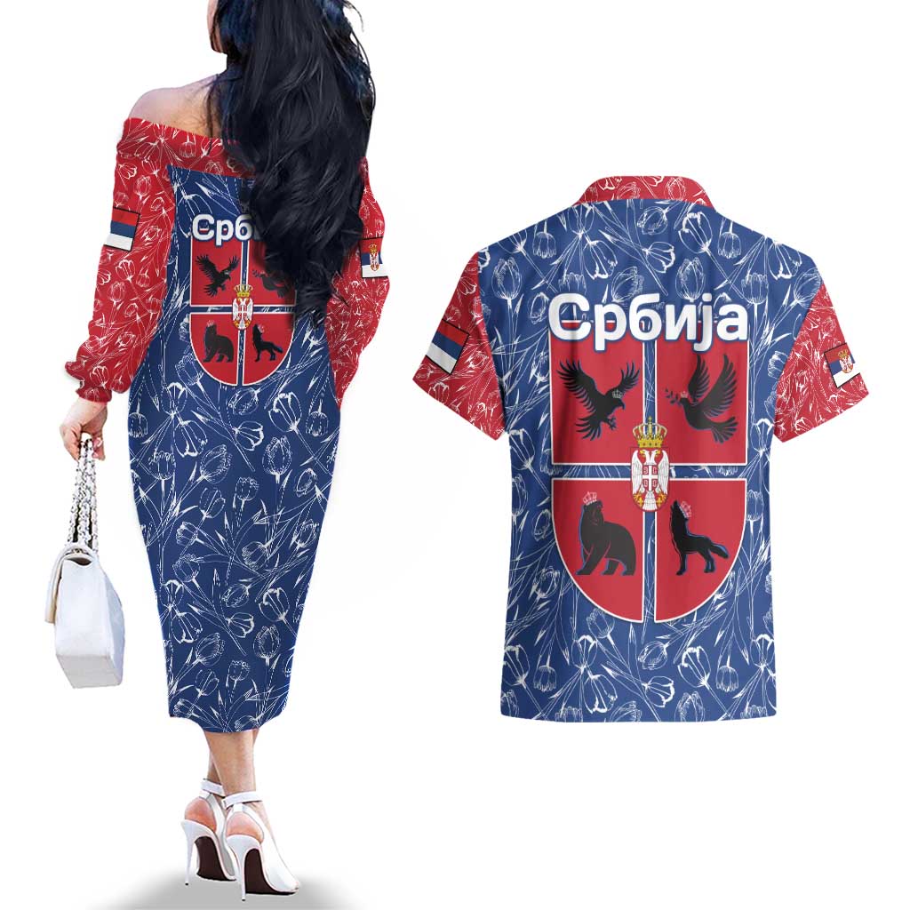 Serbia Couples Matching Off The Shoulder Long Sleeve Dress and Hawaiian Shirt with Royal Animal Crest and Tulip Floral Blue Background