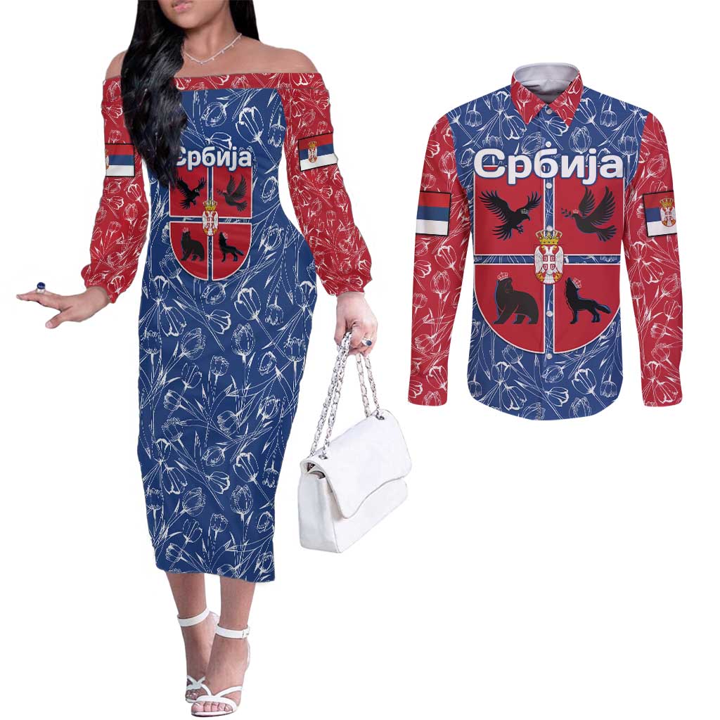 Serbia Couples Matching Off The Shoulder Long Sleeve Dress and Long Sleeve Button Shirt with Royal Animal Crest and Tulip Floral Blue Background