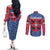 Serbia Couples Matching Off The Shoulder Long Sleeve Dress and Long Sleeve Button Shirt with Royal Animal Crest and Tulip Floral Blue Background