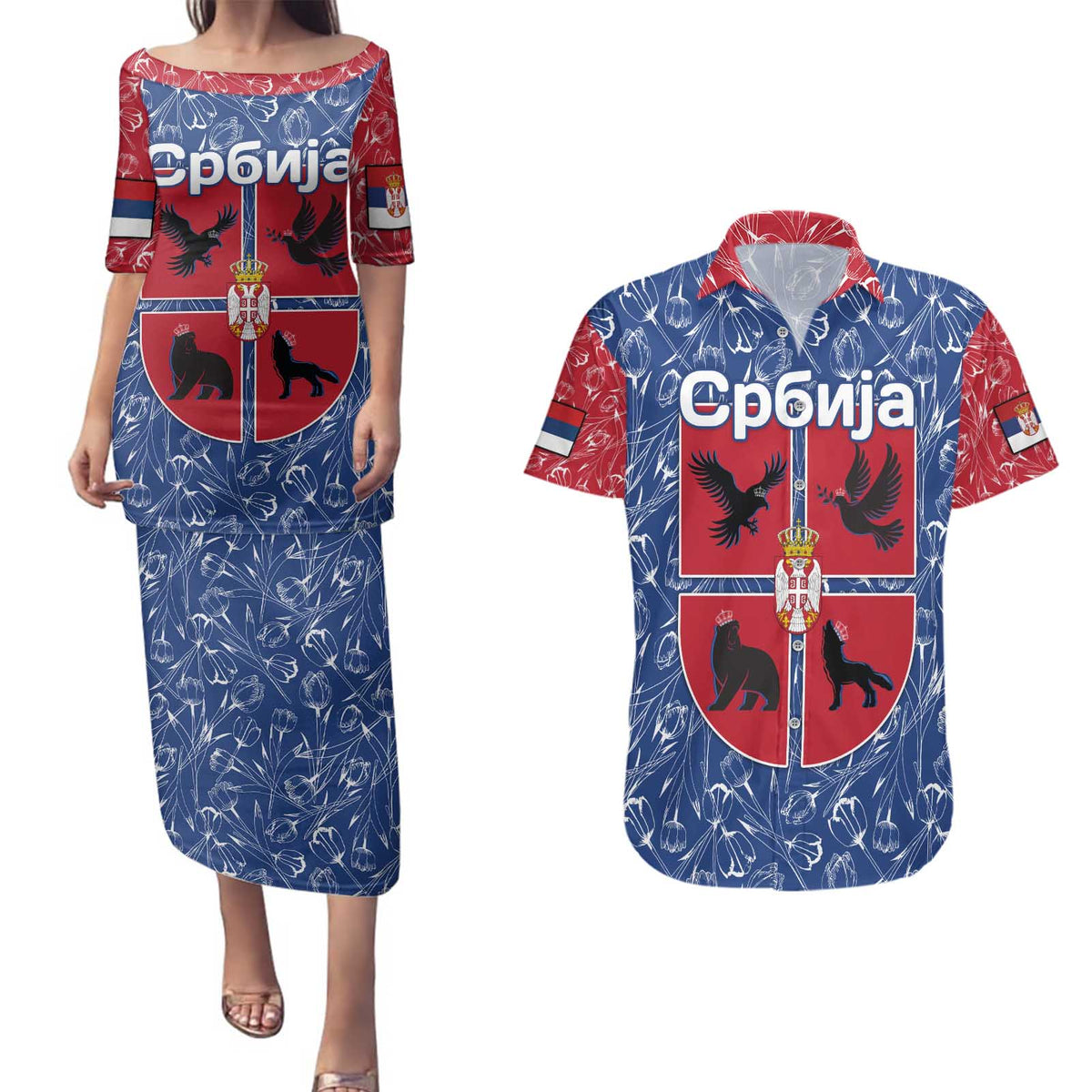 Serbia Couples Matching Puletasi and Hawaiian Shirt with Royal Animal Crest and Tulip Floral Blue Background