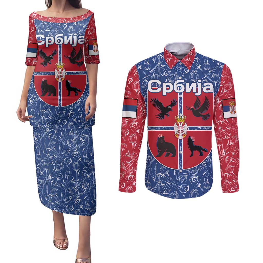 Serbia Couples Matching Puletasi and Long Sleeve Button Shirt with Royal Animal Crest and Tulip Floral Blue Background