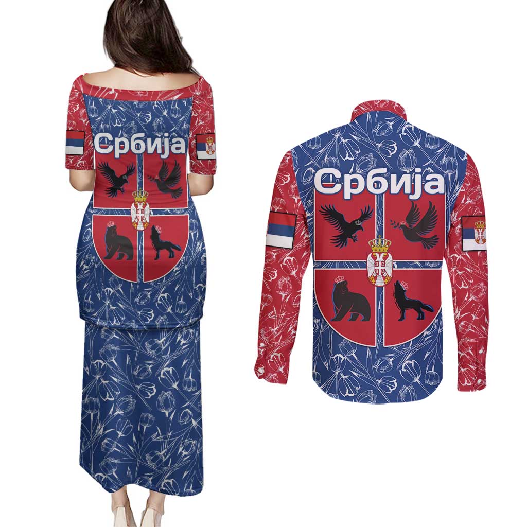 Serbia Couples Matching Puletasi and Long Sleeve Button Shirt with Royal Animal Crest and Tulip Floral Blue Background