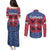 Serbia Couples Matching Puletasi and Long Sleeve Button Shirt with Royal Animal Crest and Tulip Floral Blue Background