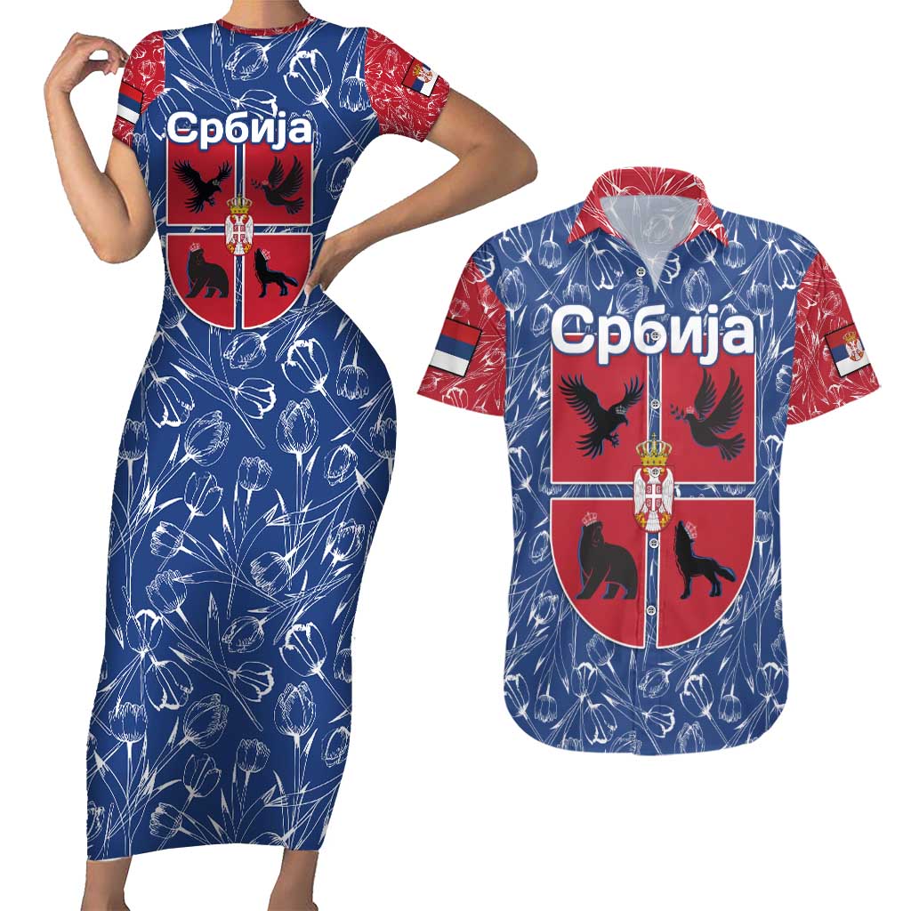 Serbia Couples Matching Short Sleeve Bodycon Dress and Hawaiian Shirt with Royal Animal Crest and Tulip Floral Blue Background
