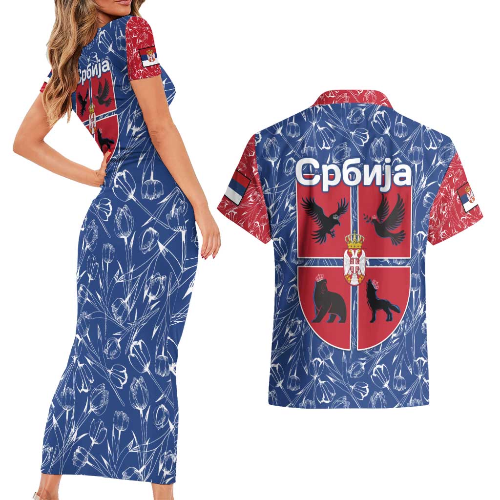 Serbia Couples Matching Short Sleeve Bodycon Dress and Hawaiian Shirt with Royal Animal Crest and Tulip Floral Blue Background