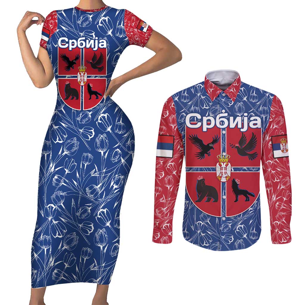 Serbia Couples Matching Short Sleeve Bodycon Dress and Long Sleeve Button Shirt with Royal Animal Crest and Tulip Floral Blue Background