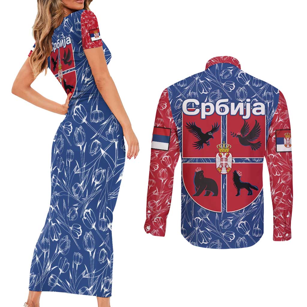 Serbia Couples Matching Short Sleeve Bodycon Dress and Long Sleeve Button Shirt with Royal Animal Crest and Tulip Floral Blue Background