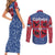 Serbia Couples Matching Short Sleeve Bodycon Dress and Long Sleeve Button Shirt with Royal Animal Crest and Tulip Floral Blue Background