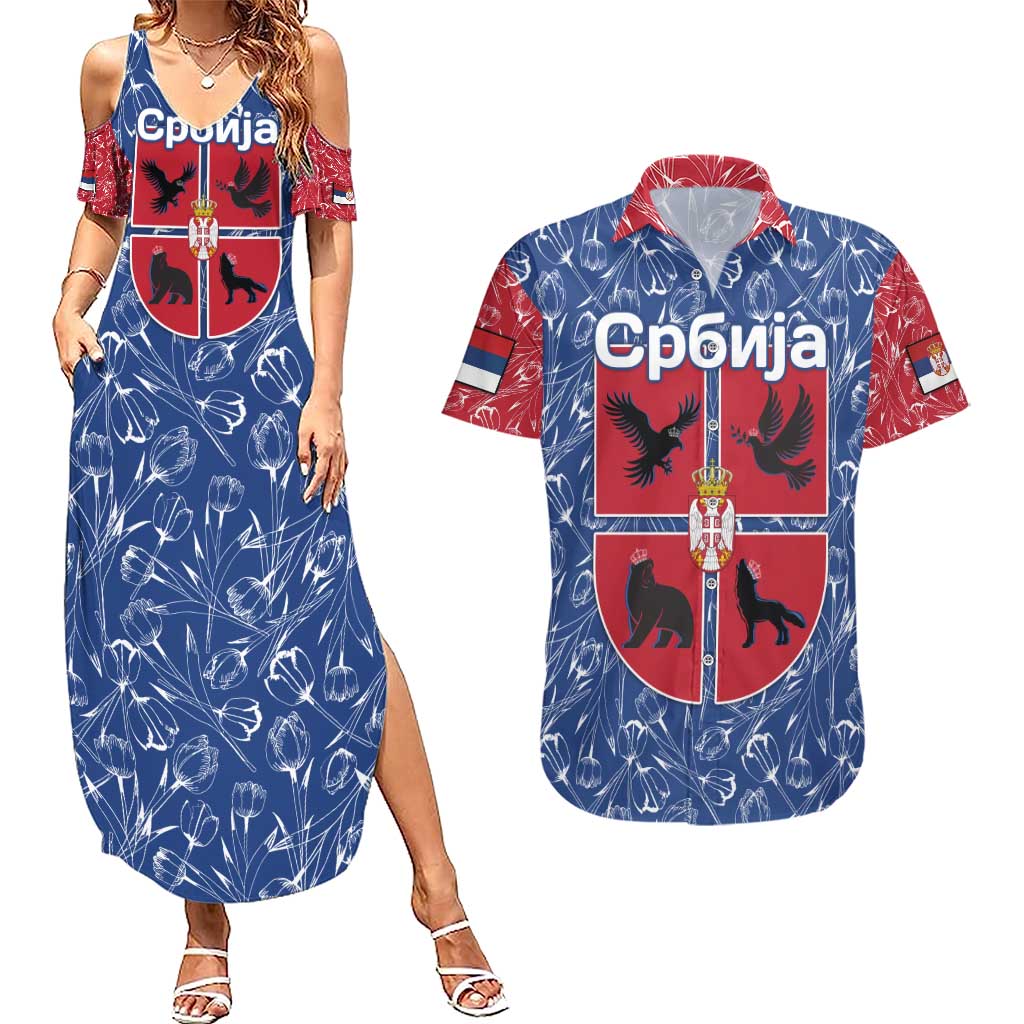 Serbia Couples Matching Summer Maxi Dress and Hawaiian Shirt with Royal Animal Crest and Tulip Floral Blue Background