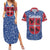 Serbia Couples Matching Summer Maxi Dress and Hawaiian Shirt with Royal Animal Crest and Tulip Floral Blue Background