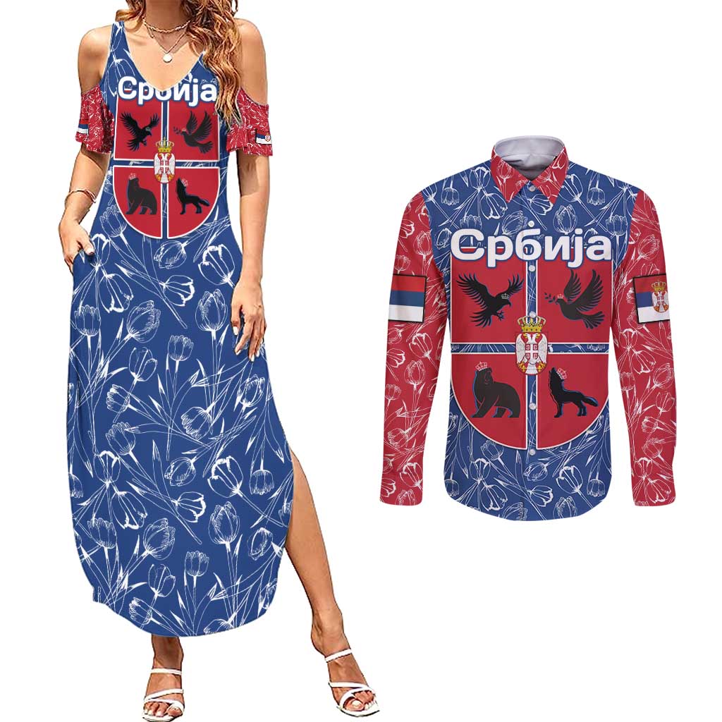 Serbia Couples Matching Summer Maxi Dress and Long Sleeve Button Shirt with Royal Animal Crest and Tulip Floral Blue Background
