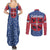 Serbia Couples Matching Summer Maxi Dress and Long Sleeve Button Shirt with Royal Animal Crest and Tulip Floral Blue Background