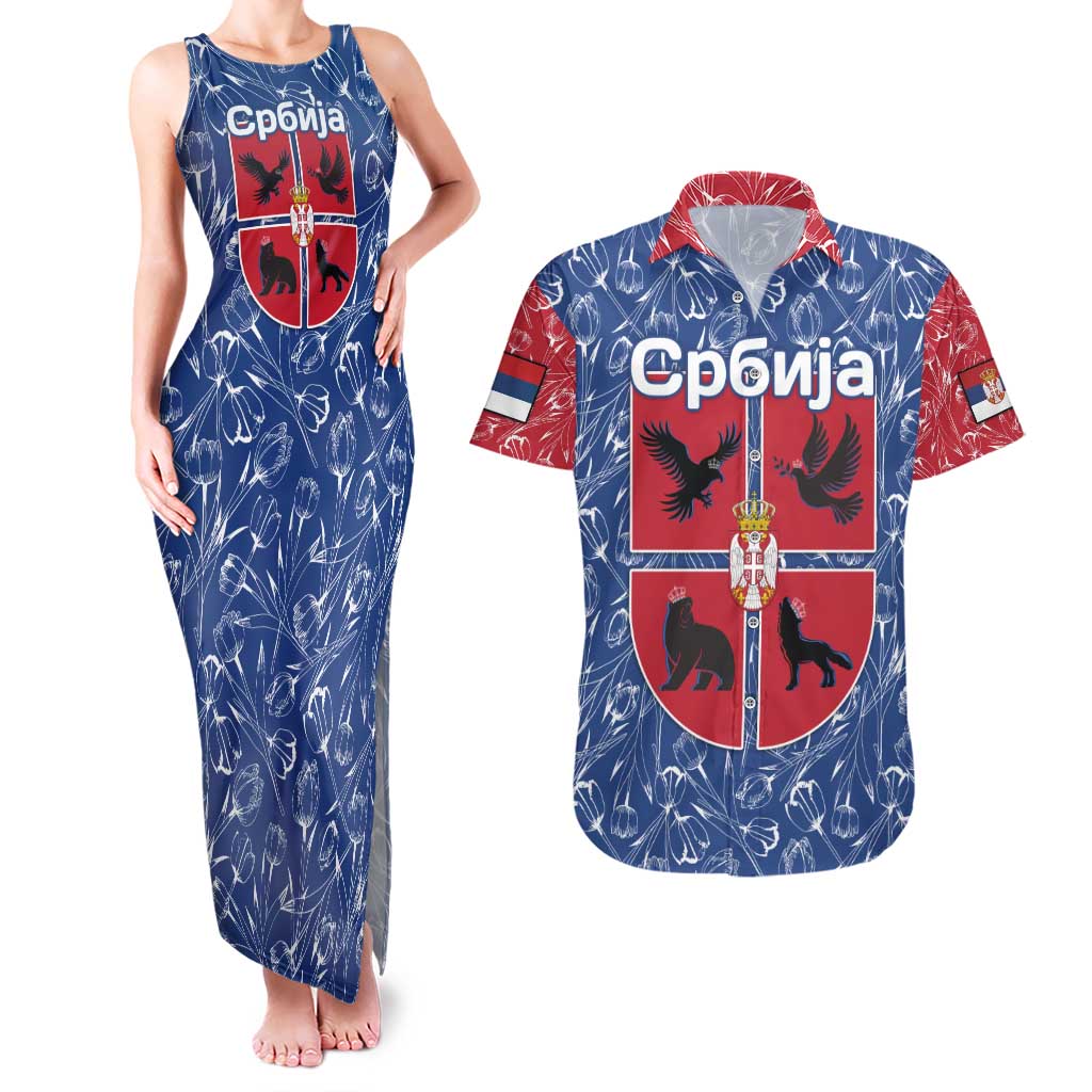 Serbia Couples Matching Tank Maxi Dress and Hawaiian Shirt with Royal Animal Crest and Tulip Floral Blue Background