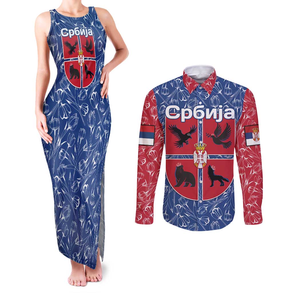 Serbia Couples Matching Tank Maxi Dress and Long Sleeve Button Shirt with Royal Animal Crest and Tulip Floral Blue Background