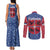 Serbia Couples Matching Tank Maxi Dress and Long Sleeve Button Shirt with Royal Animal Crest and Tulip Floral Blue Background