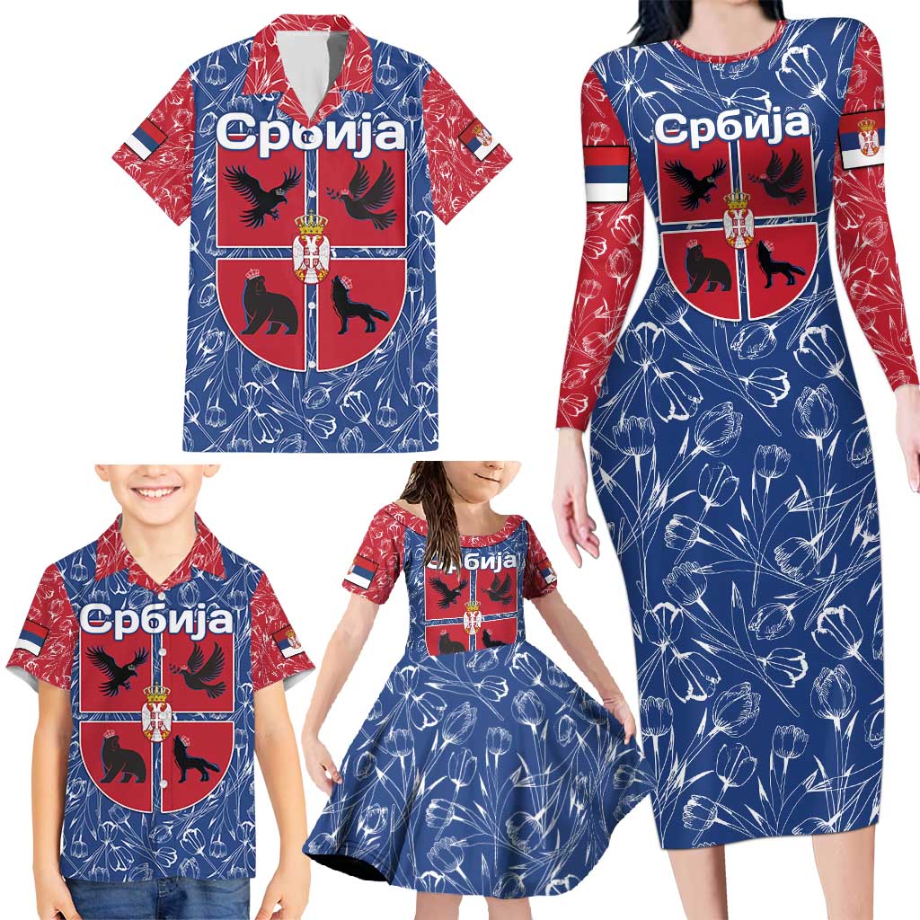 Serbia Family Matching Long Sleeve Bodycon Dress and Hawaiian Shirt with Royal Animal Crest and Tulip Floral Blue Background