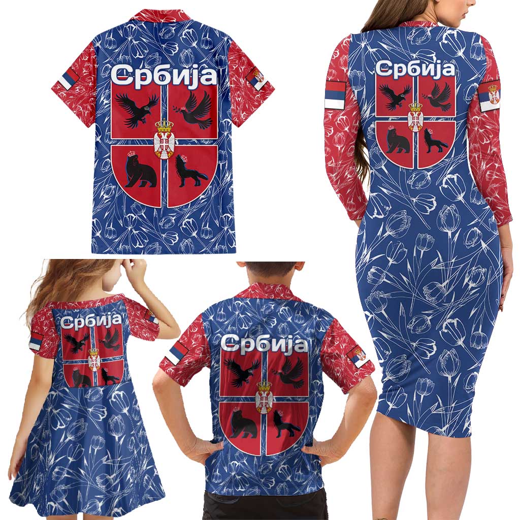 Serbia Family Matching Long Sleeve Bodycon Dress and Hawaiian Shirt with Royal Animal Crest and Tulip Floral Blue Background