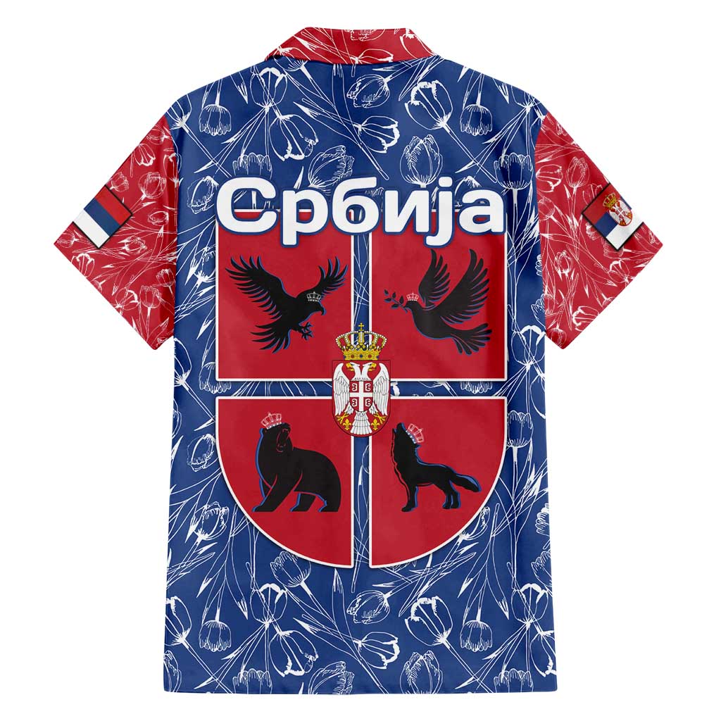 Serbia Family Matching Long Sleeve Bodycon Dress and Hawaiian Shirt with Royal Animal Crest and Tulip Floral Blue Background