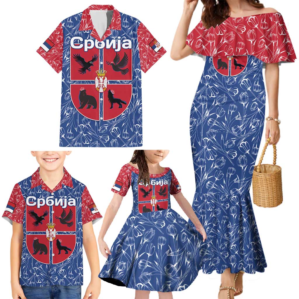 Serbia Family Matching Mermaid Dress and Hawaiian Shirt with Royal Animal Crest and Tulip Floral Blue Background