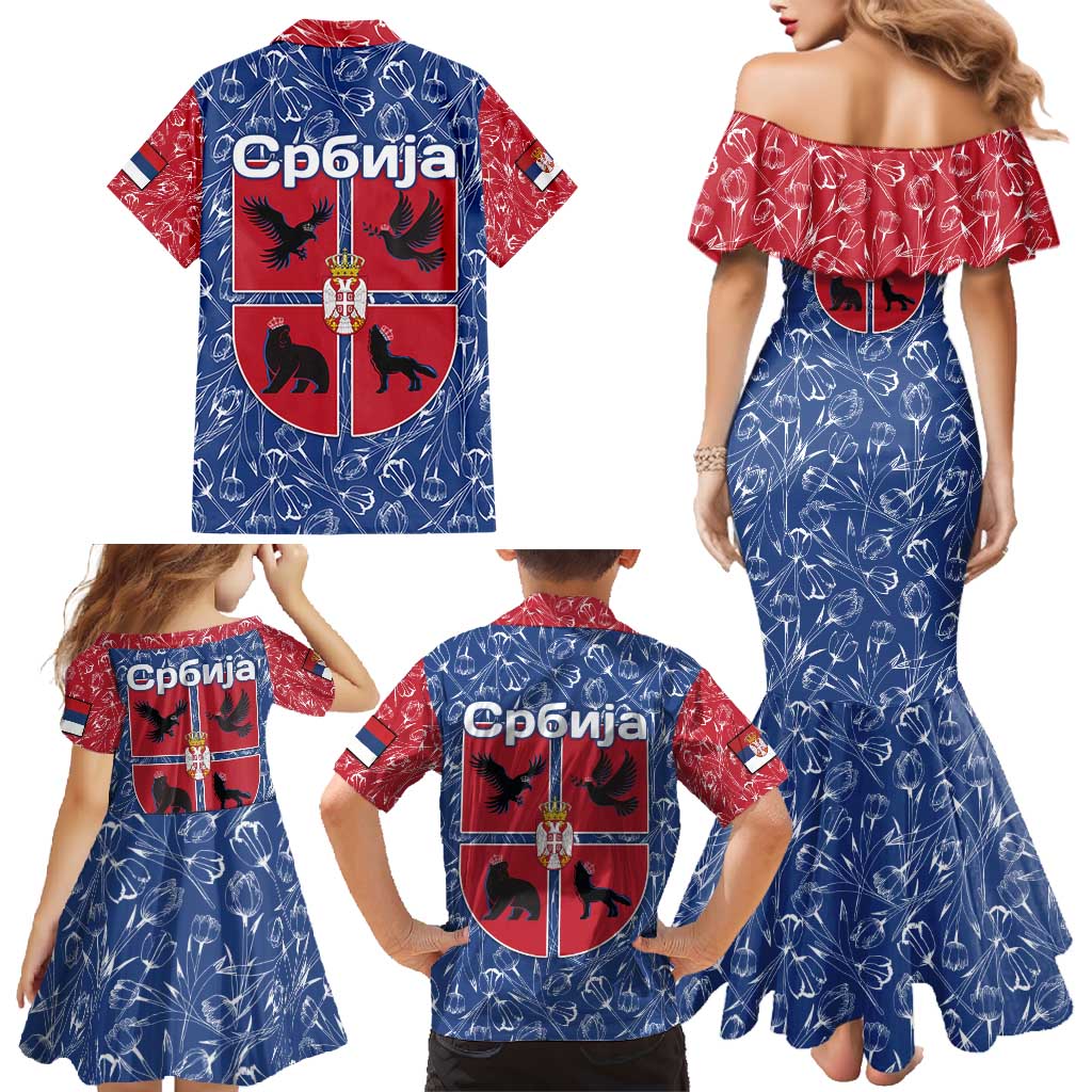 Serbia Family Matching Mermaid Dress and Hawaiian Shirt with Royal Animal Crest and Tulip Floral Blue Background