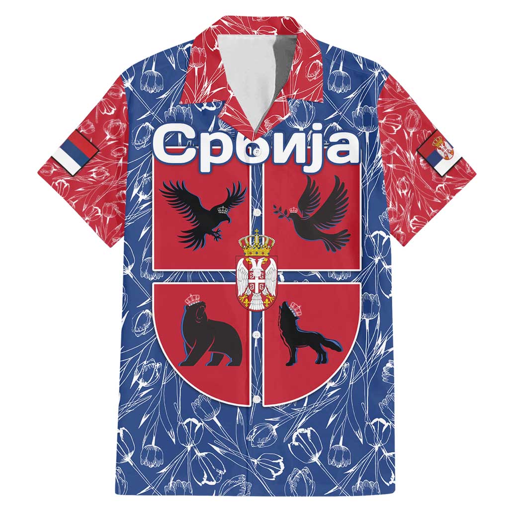 Serbia Family Matching Mermaid Dress and Hawaiian Shirt with Royal Animal Crest and Tulip Floral Blue Background