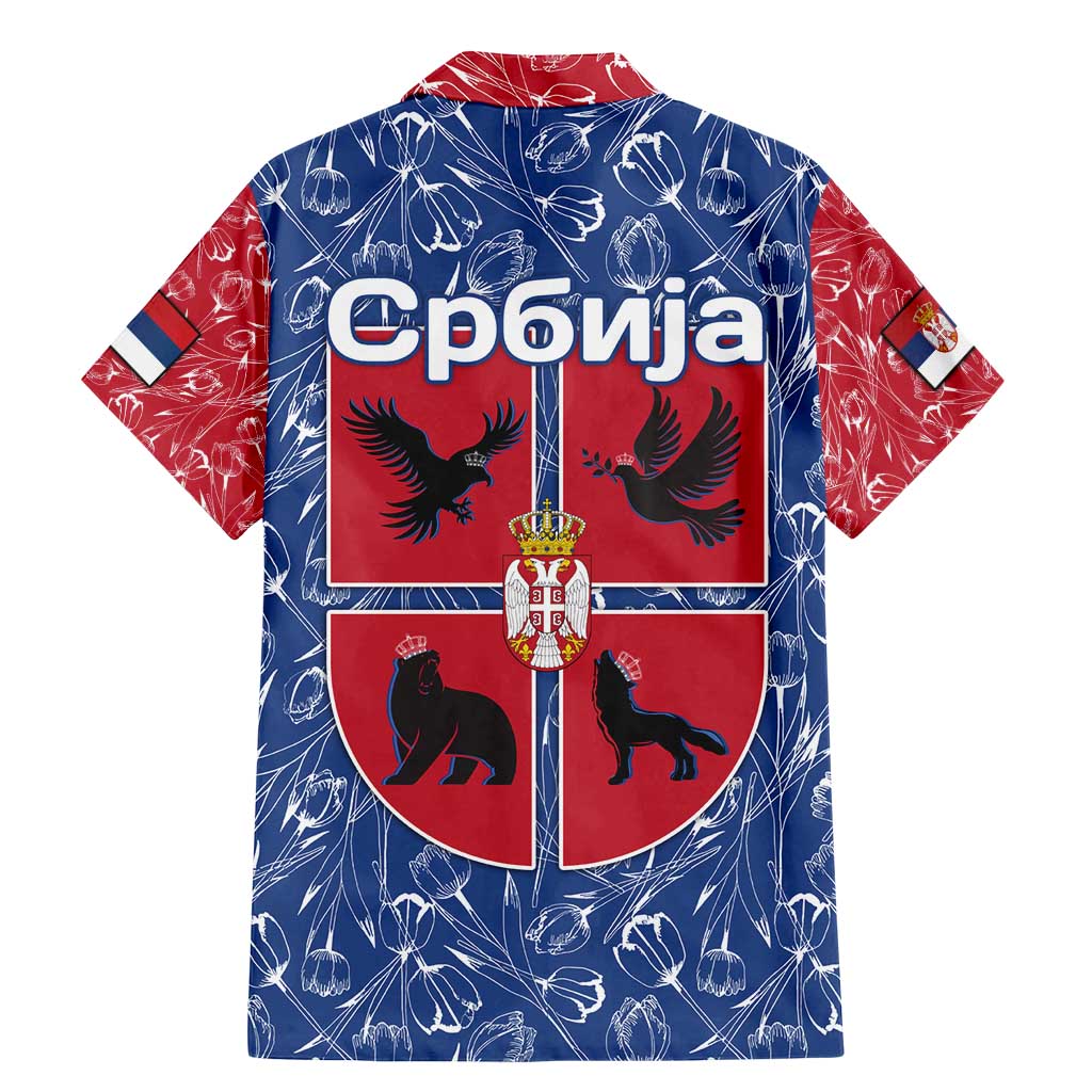 Serbia Family Matching Mermaid Dress and Hawaiian Shirt with Royal Animal Crest and Tulip Floral Blue Background