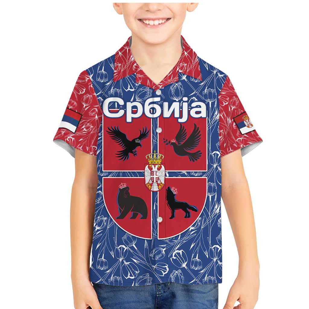 Serbia Family Matching Mermaid Dress and Hawaiian Shirt with Royal Animal Crest and Tulip Floral Blue Background