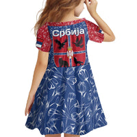 Serbia Family Matching Off The Shoulder Long Sleeve Dress and Hawaiian Shirt with Royal Animal Crest and Tulip Floral Blue Background