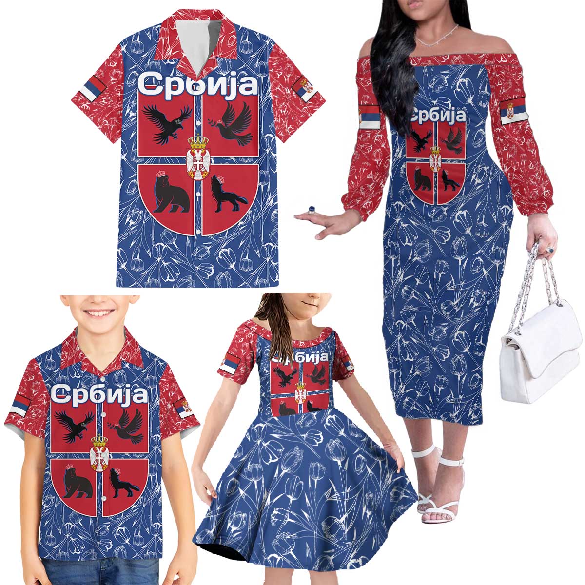 Serbia Family Matching Off The Shoulder Long Sleeve Dress and Hawaiian Shirt with Royal Animal Crest and Tulip Floral Blue Background