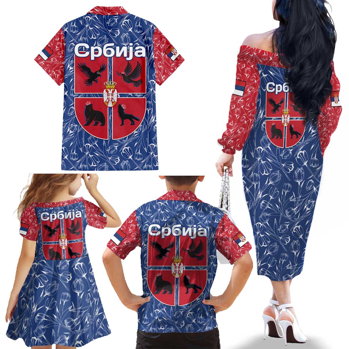 Serbia Family Matching Off The Shoulder Long Sleeve Dress and Hawaiian Shirt with Royal Animal Crest and Tulip Floral Blue Background