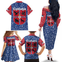 Serbia Family Matching Off The Shoulder Long Sleeve Dress and Hawaiian Shirt with Royal Animal Crest and Tulip Floral Blue Background