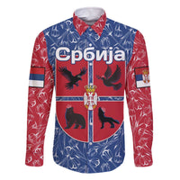 Serbia Family Matching Off The Shoulder Long Sleeve Dress and Hawaiian Shirt with Royal Animal Crest and Tulip Floral Blue Background