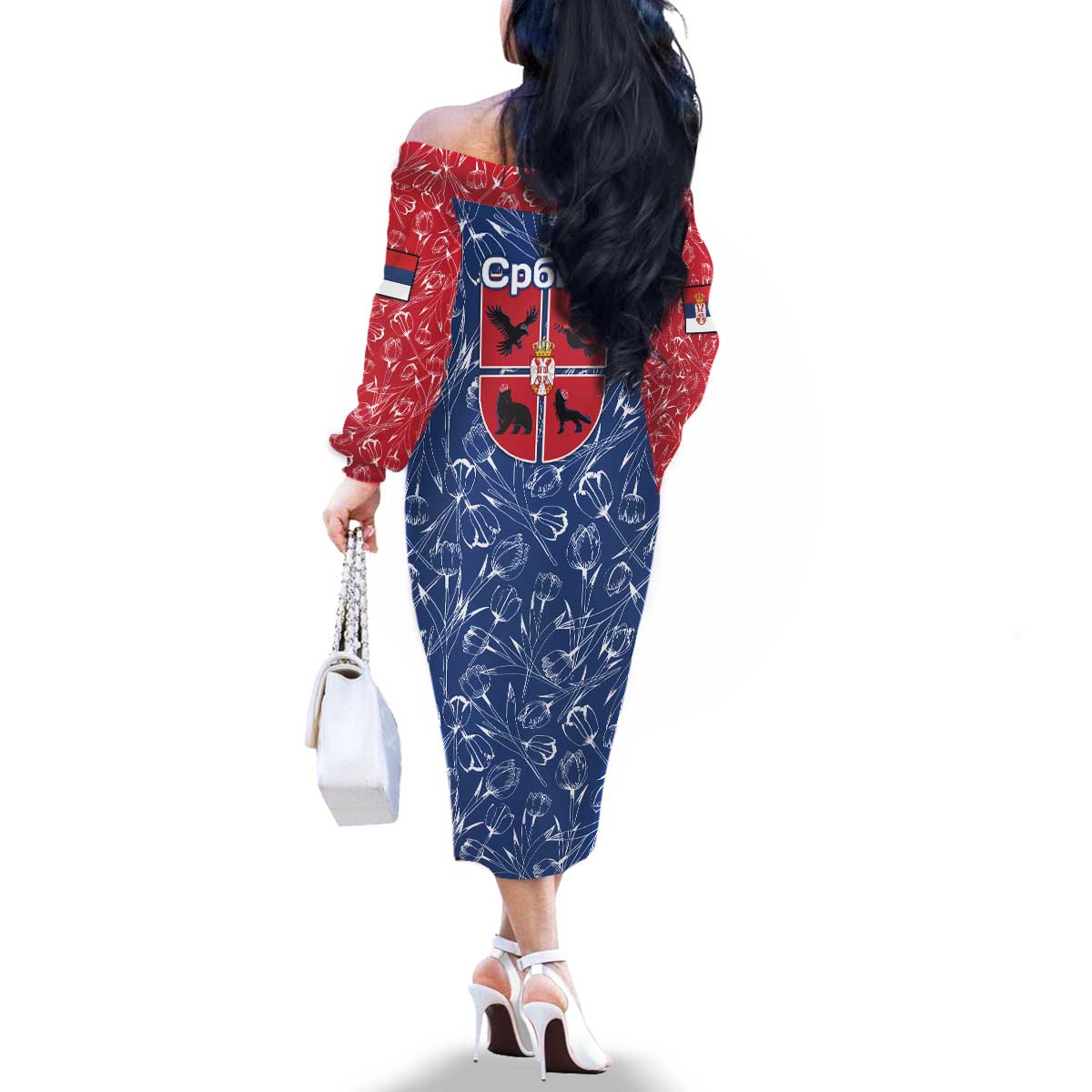 Serbia Family Matching Off The Shoulder Long Sleeve Dress and Hawaiian Shirt with Royal Animal Crest and Tulip Floral Blue Background