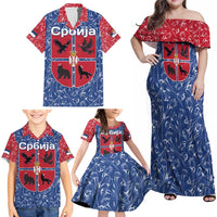Serbia Family Matching Off Shoulder Maxi Dress and Hawaiian Shirt with Royal Animal Crest and Tulip Floral Blue Background