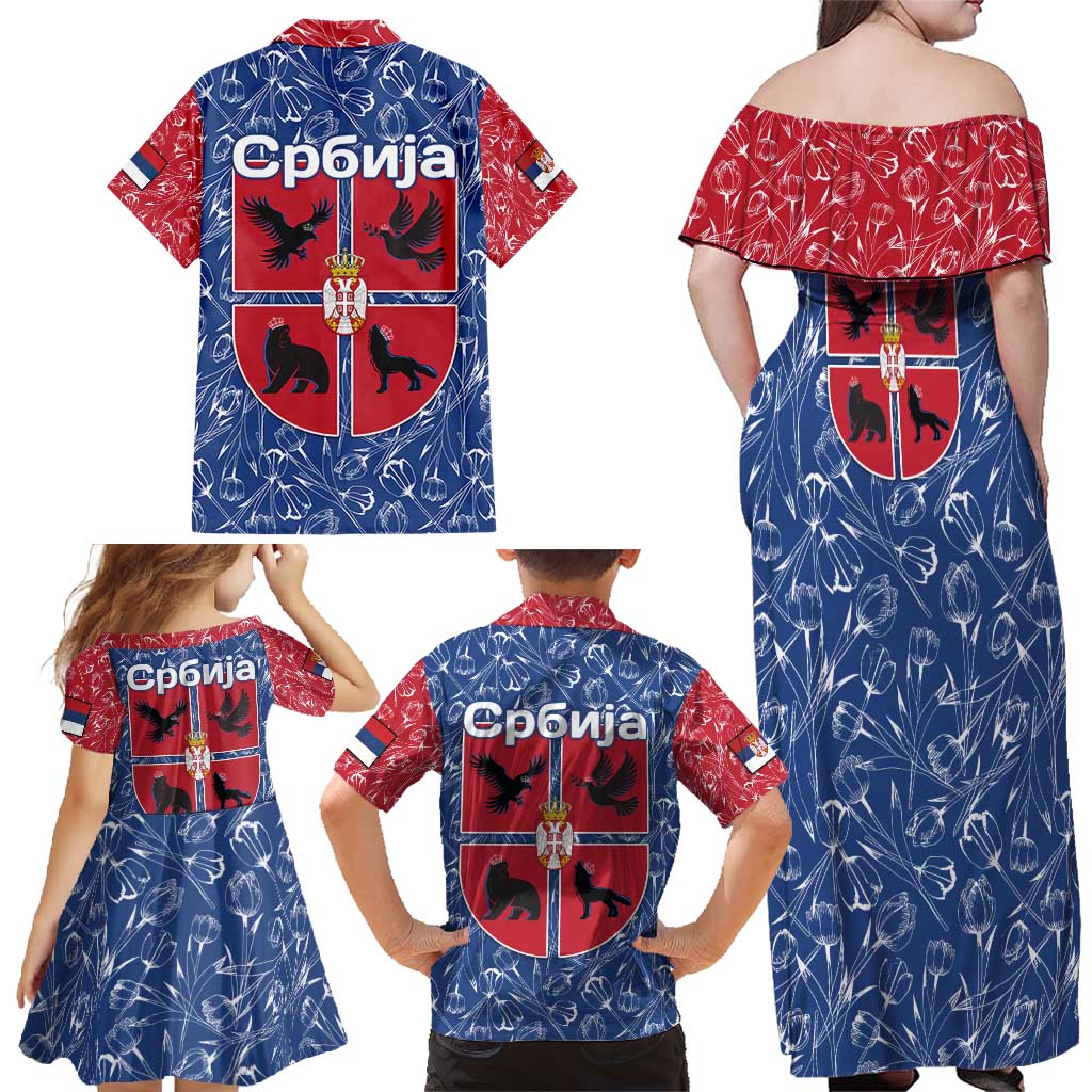 Serbia Family Matching Off Shoulder Maxi Dress and Hawaiian Shirt with Royal Animal Crest and Tulip Floral Blue Background