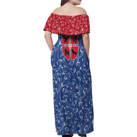 Serbia Family Matching Off Shoulder Maxi Dress and Hawaiian Shirt with Royal Animal Crest and Tulip Floral Blue Background